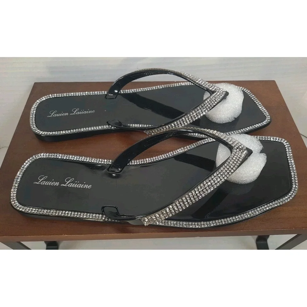 NIB Lauren‎ Lorraine Tampa Flip Flops Black Size 7 Rhinestone Dressy Sandals